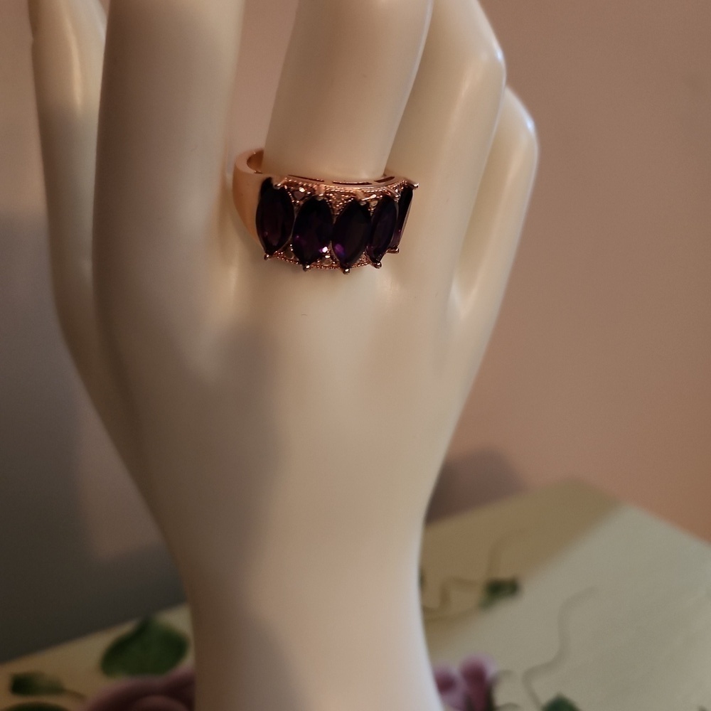 JTV Amethyst Diamond Ring 18K Rose Gold Over Silver Size 11